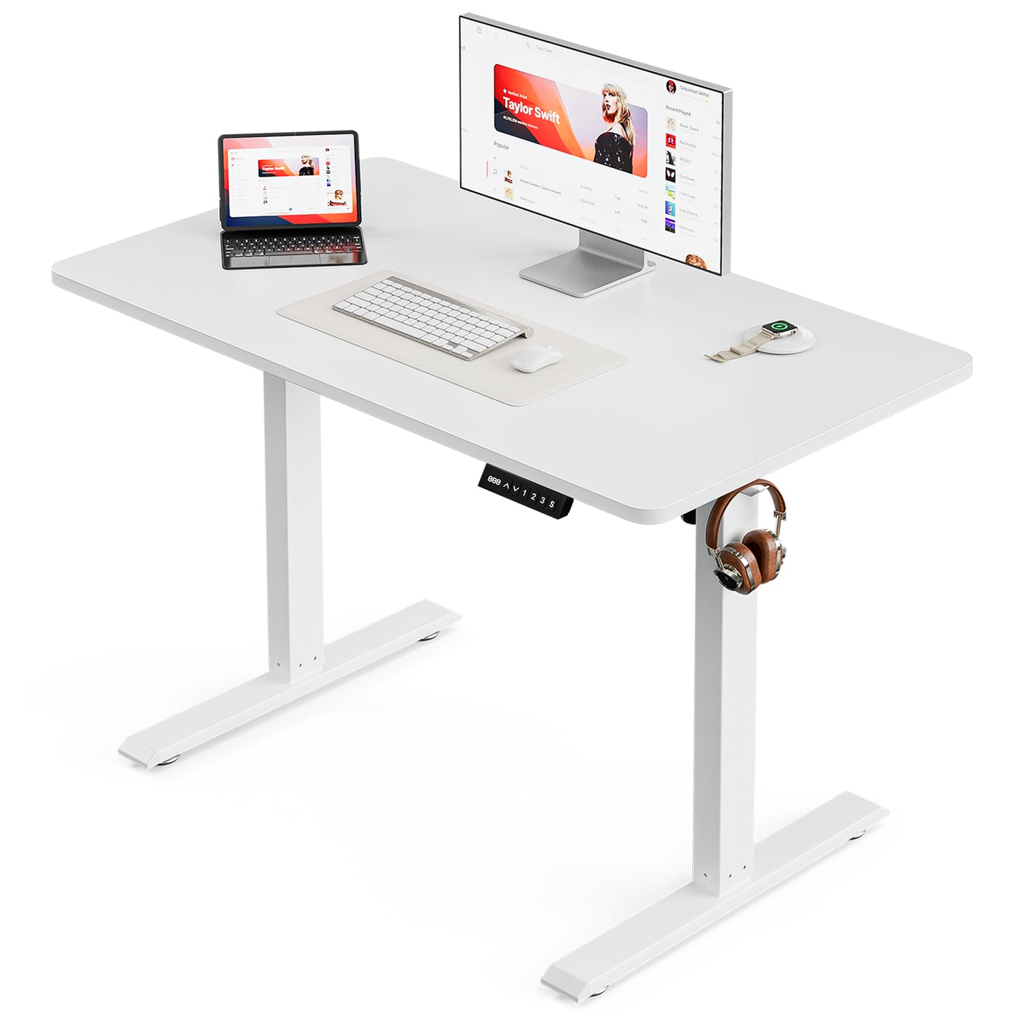 ApexSpace 100x55cm White Electric Height Adjustable Standing Desk Lifting Table with Hooks for Home Office Study and Work