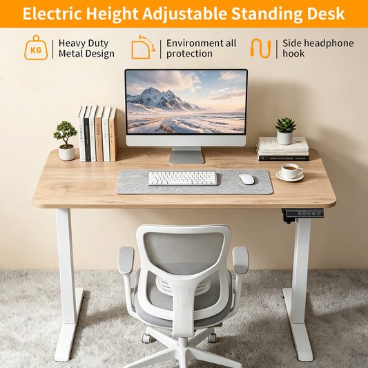 100CM Electric Standing Desk – Basswood Oak Grain Height Adjustable Sit Stand Desk with Hooks, Digital Control Panel & Sturdy Metal Frame for Home Office or Study