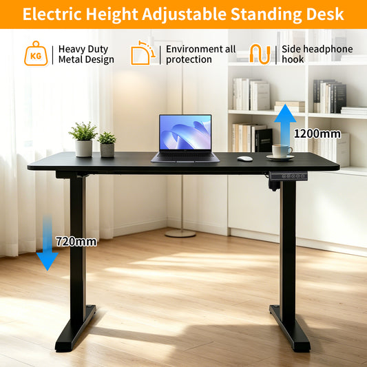 120 × 60 cm Electric Height Adjustable Standing Desk – Sit Stand Computer Table with Digital Control, Hooks & Large Worktop for Home Office, Black