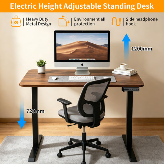100CM Electric Standing Desk – Rustic Brown Height Adjustable Sit Stand Desk with Hooks, Digital Control Panel & Sturdy Metal Frame for Home Office or Study