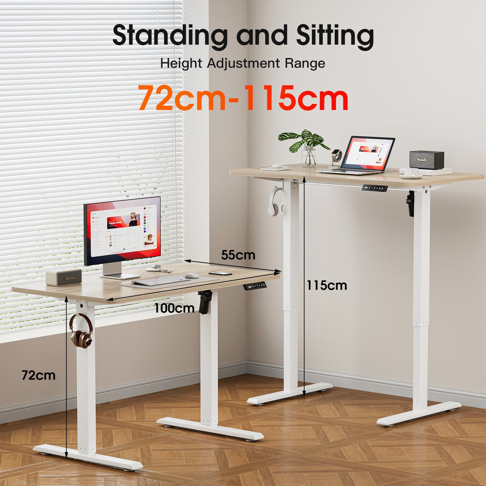 Avoltrix 100x55CM Electric Standing Desk, Height Adjustable Ergonomic Computer Desk with Hooks for Home Office or Study, Oak Colour