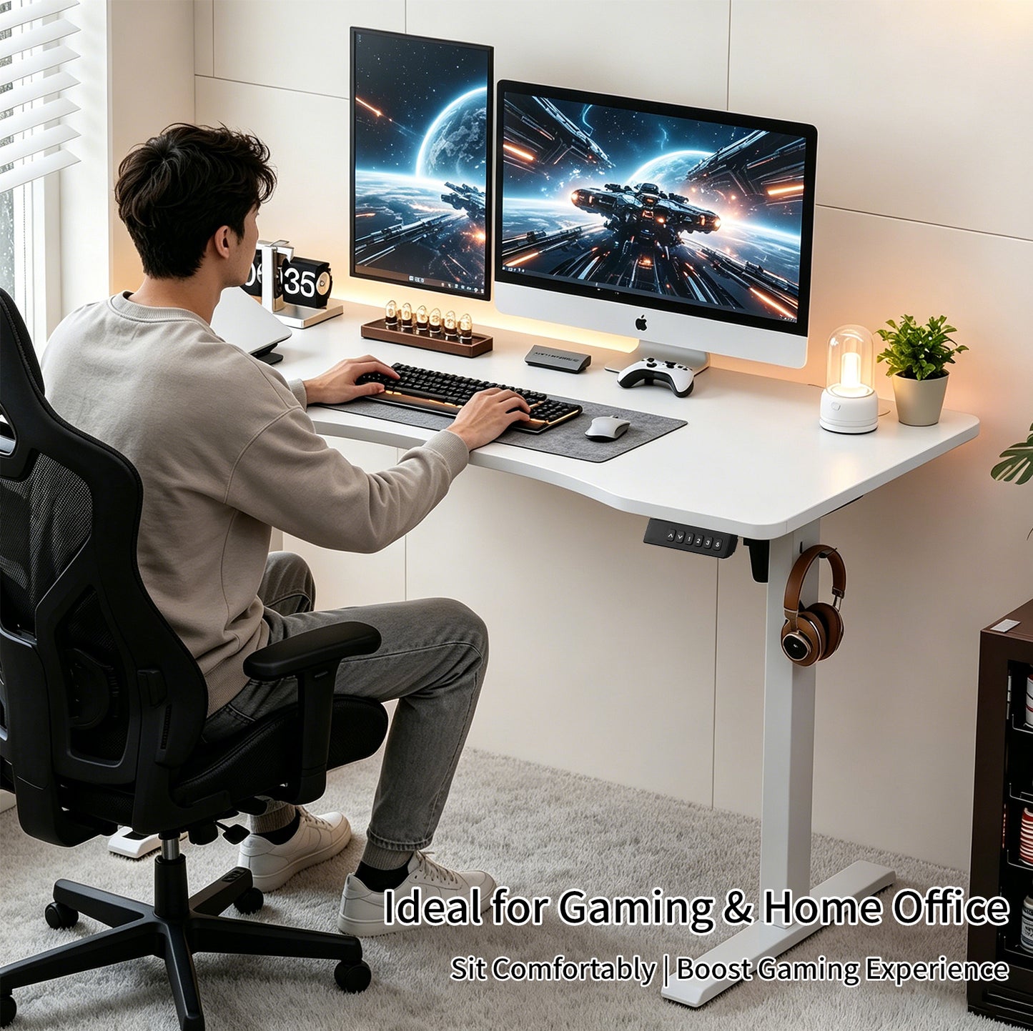 120CM Electric Standing Desk – Height Adjustable Sit Stand Desk with RGB Lights, Ergonomic Computer Table for Gaming, Home Office or Study, Black