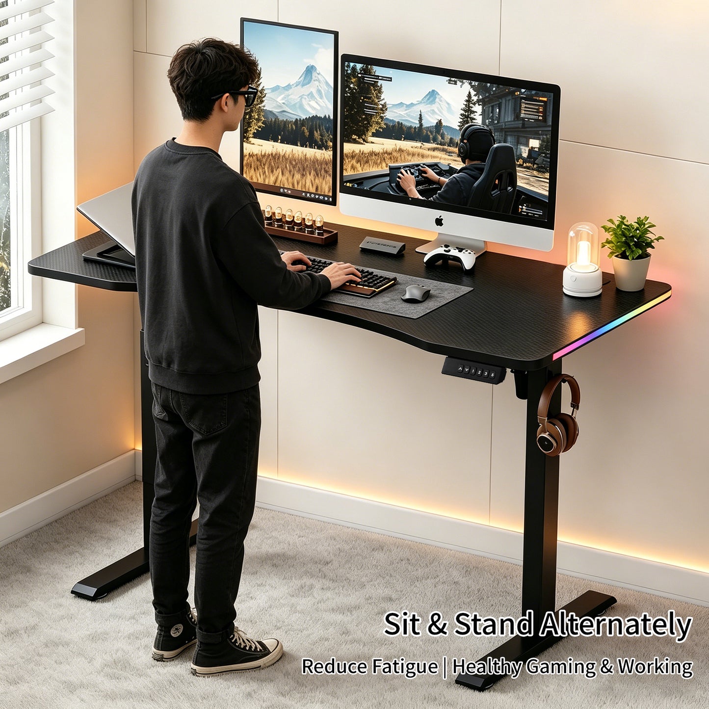 120CM Electric Standing Desk – Height Adjustable Sit Stand Desk with RGB Lights, Ergonomic Computer Table for Gaming, Home Office or Study, Black