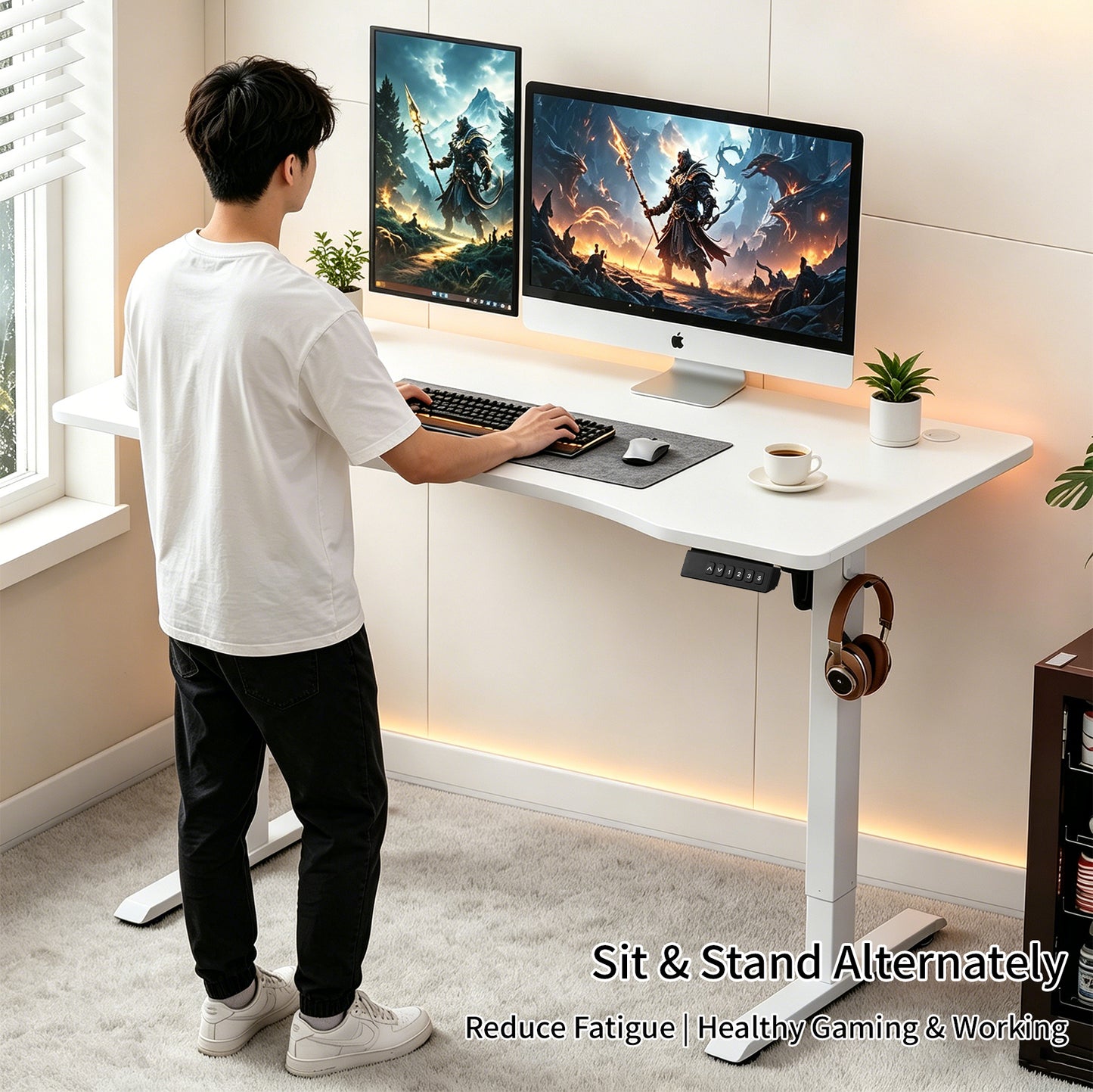 120CM Electric Standing Desk – Height Adjustable Sit Stand Desk with RGB Lights, Ergonomic Computer Table for Gaming, Home Office or Study, Black