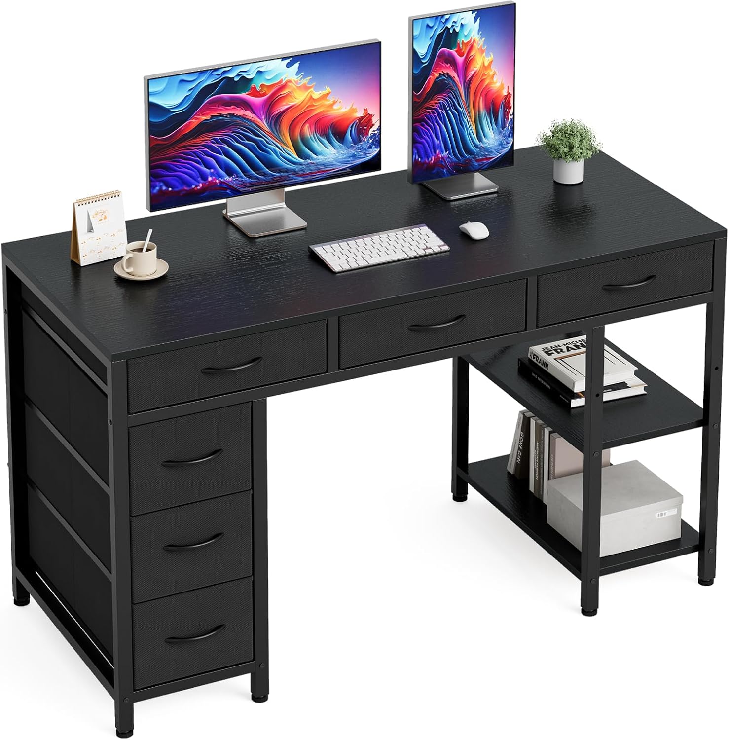 Avoltrix Computer Desk with 6 Drawers Reversible Storage 2-Tier Shelves Home Office Table Study Gaming Work 120CM Black