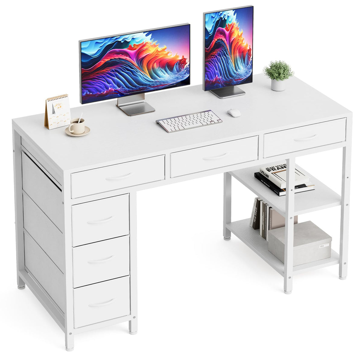 Avoltrix Computer Desk with 6 Drawers Reversible Storage 2-Tier Shelves Home Office Table Study Gaming Work 120CM White