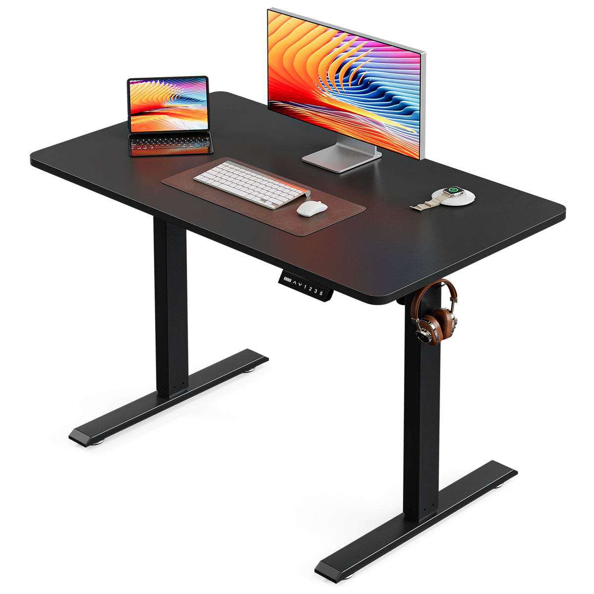 Avoltrix 100x55CM Electric Standing Desk, Height Adjustable Sit Stand Computer Desk with Hooks for Home Office or Study, Black