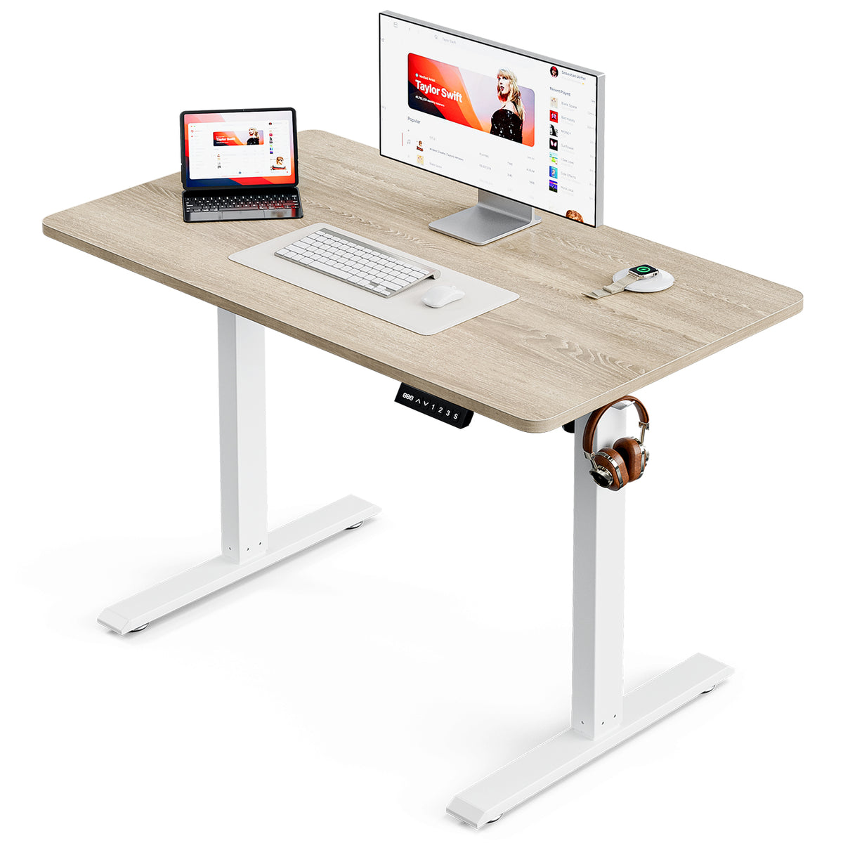 Avoltrix 100x55CM Electric Standing Desk, Height Adjustable Ergonomic Computer Desk with Hooks for Home Office or Study, Oak Colour