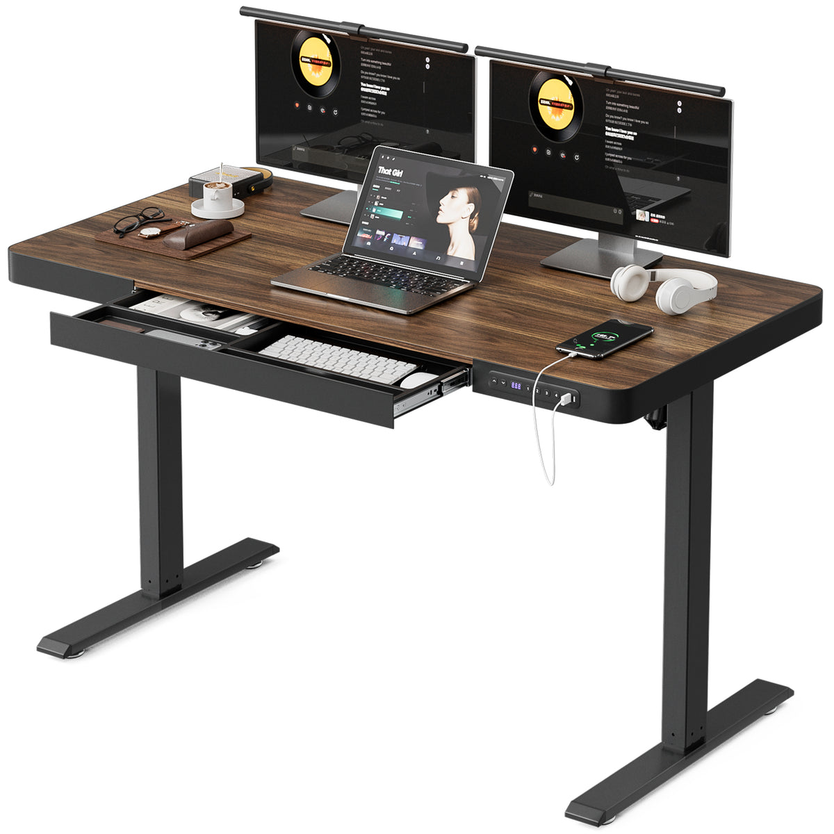 Avoltrix Electric Standing Desk with Drawer, USB Ports & Power Outlets – Height Adjustable, 120×60CM Walnut Finish Table for Home Office
