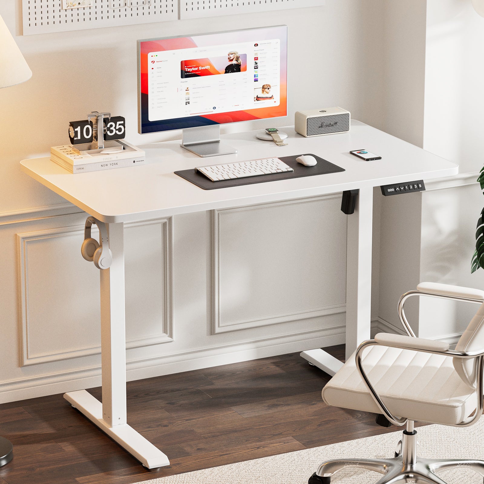 Avoltrix 100x55cm White Electric Height Adjustable Standing Desk Lifting Table with Hooks for Home Office Study and Work