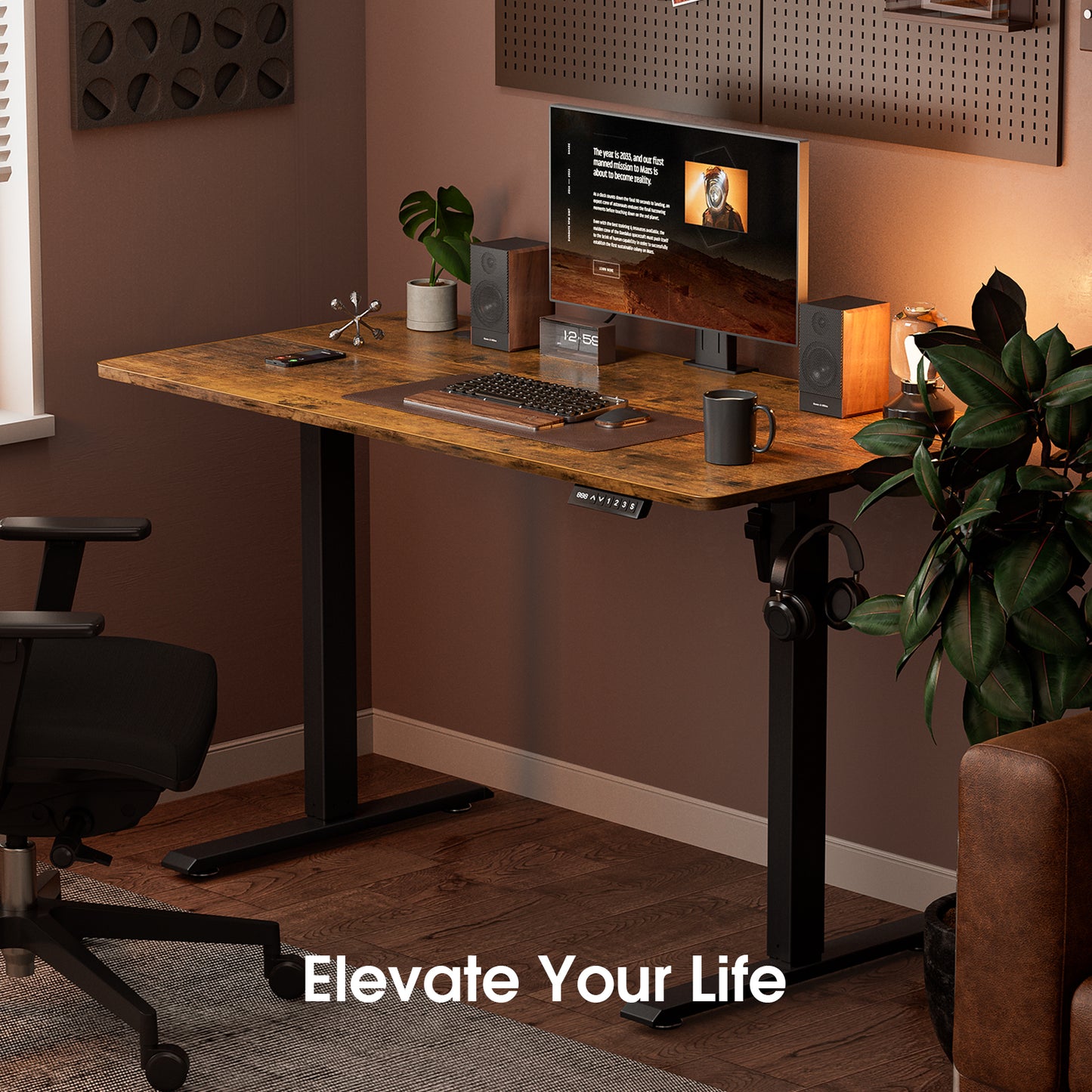 ApexSpace 120x60CM Electric Standing Desk, Sit Stand Ergonomic Desk with Hooks for Home Office, Rustic Brown with Black Frame