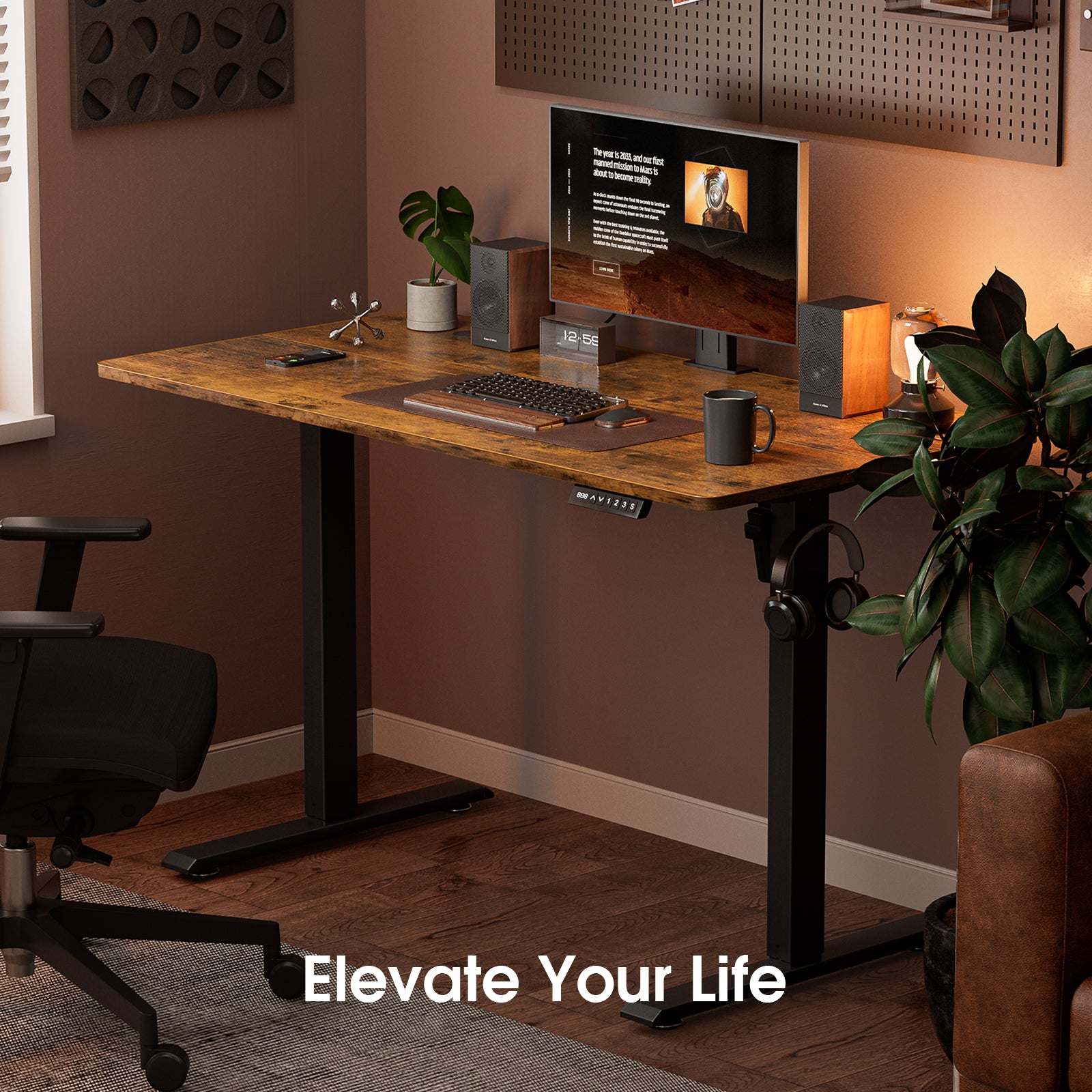 Avoltrix 120x60CM Electric Standing Desk, Sit Stand Ergonomic Desk with Hooks for Home Office, Rustic Brown with Black Frame