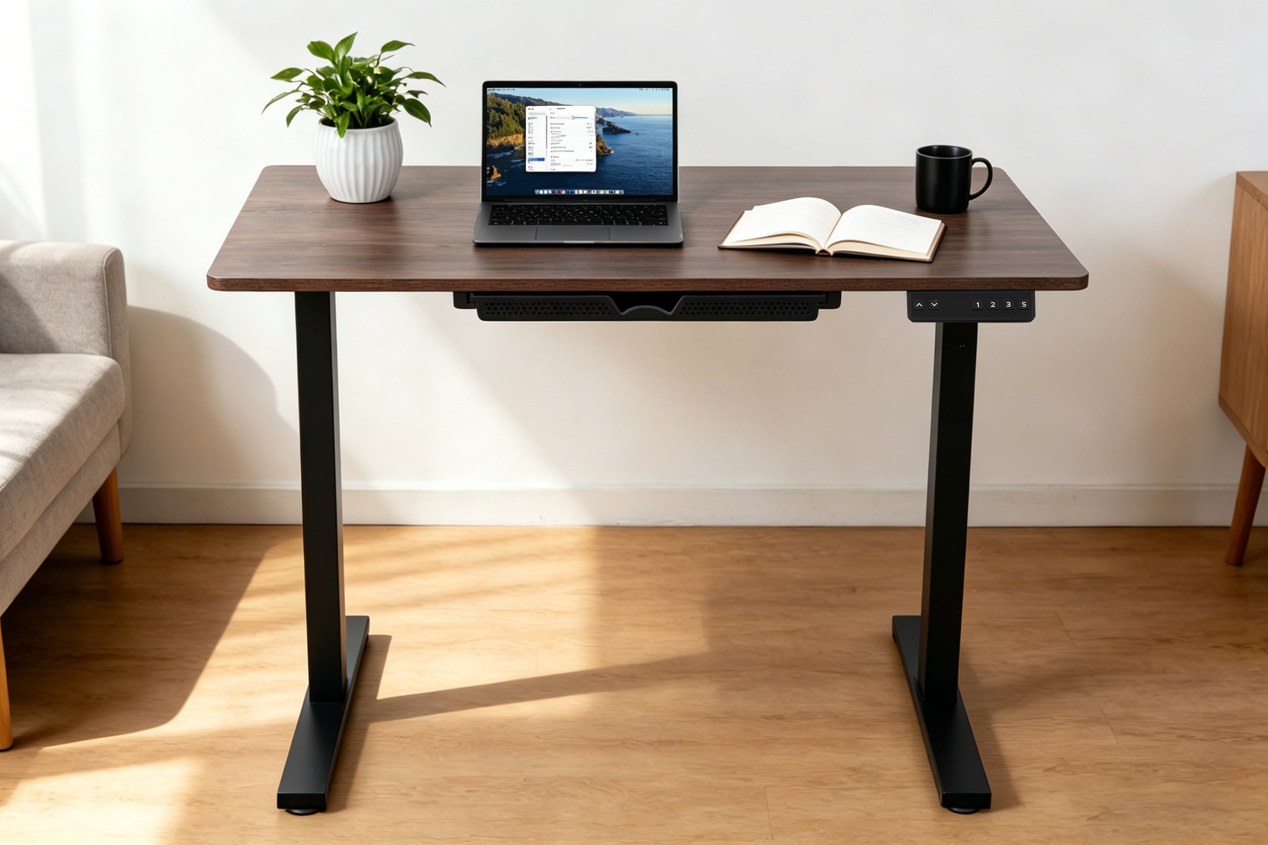 Electric Standing Desk 100x60cm with Drawer, Height Adjustable Sit Stand Desk with Memory Preset, Home Office Computer Desk, Black + Walnut