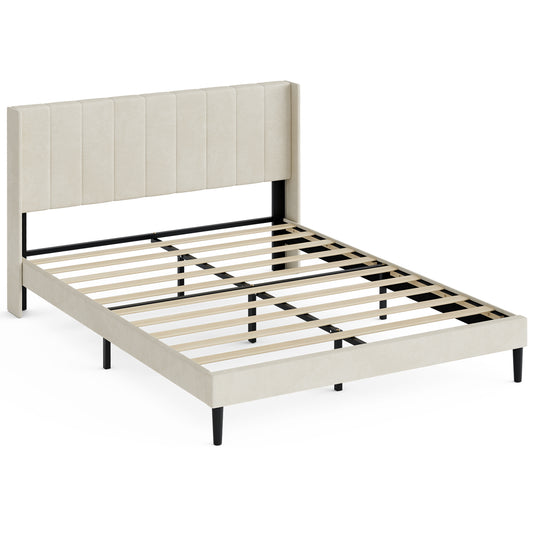 ApexSpace Double Bed Frame – Velvet Upholstered with Soft Padded Headboard, Quiet Sturdy Metal Platform, No Box Spring Required, Beige (200 × 140 cm)