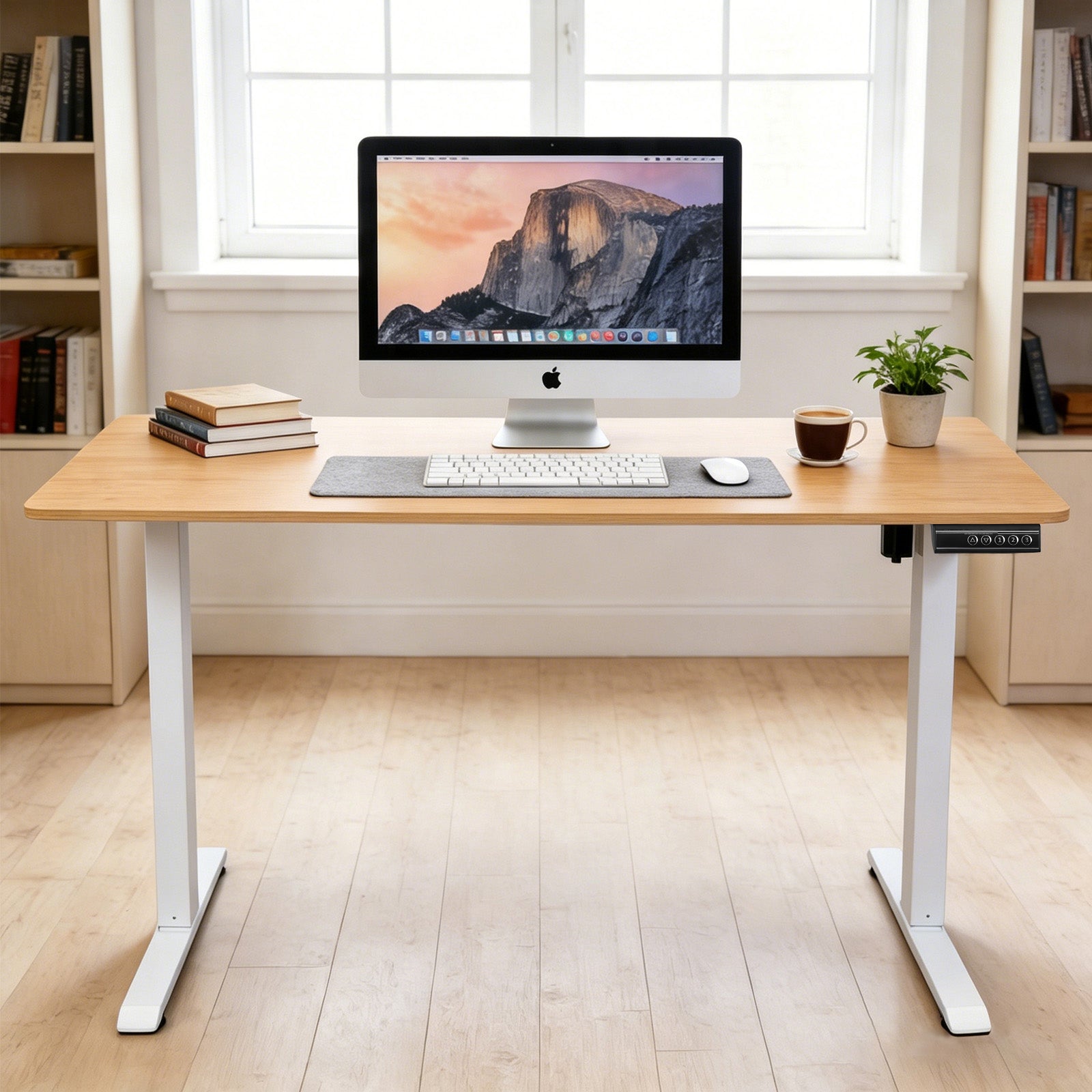 140 × 60 cm Electric Height Adjustable Standing Desk – Sit Stand Computer Table with Digital Control, Hooks & Large Worktop for Home Office, Light Wood