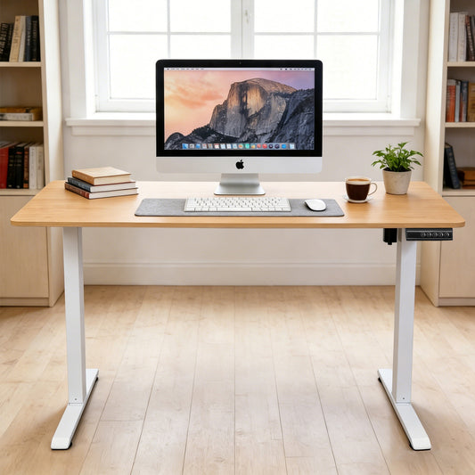 140 × 60 cm Electric Height Adjustable Standing Desk – Sit Stand Computer Table with Digital Control, Hooks & Large Worktop for Home Office, Light Wood