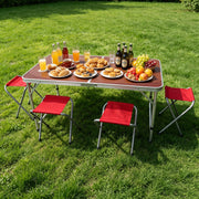 Avoltrix 1.2M Folding Camping Table Set with 4 Stools Portable Aluminium Picnic BBQ Table Height Adjustable Red