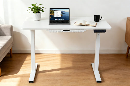 Electric Standing Desk 100x60cm with Drawer, Height Adjustable Sit Stand Desk with Memory Preset, Home Office Computer Desk, White