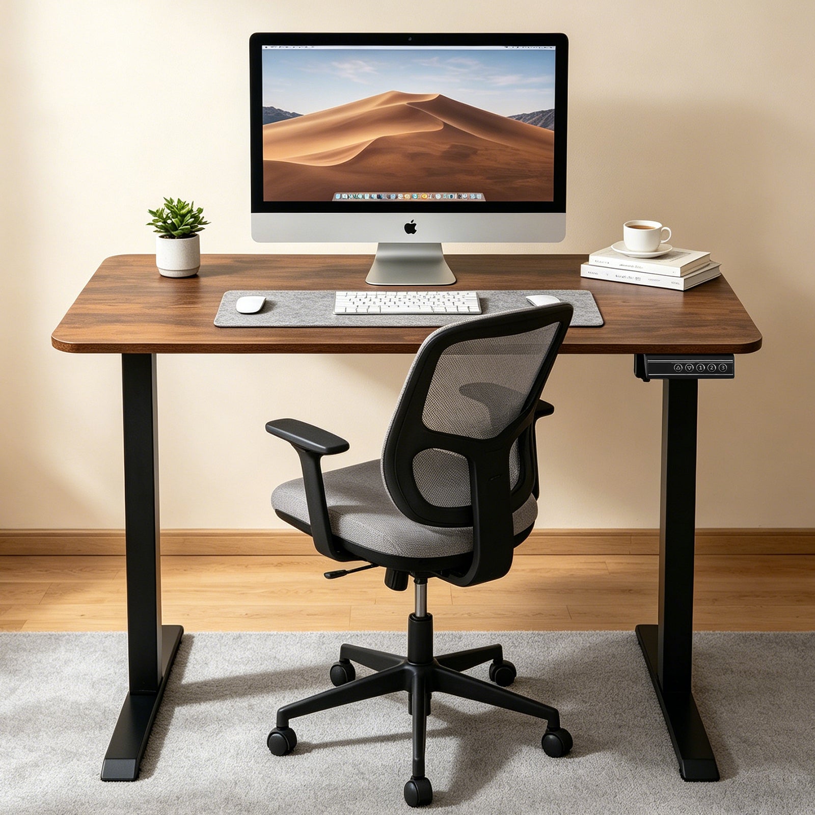 100CM Electric Standing Desk – Rustic Brown Height Adjustable Sit Stand Desk with Hooks, Digital Control Panel & Sturdy Metal Frame for Home Office or Study