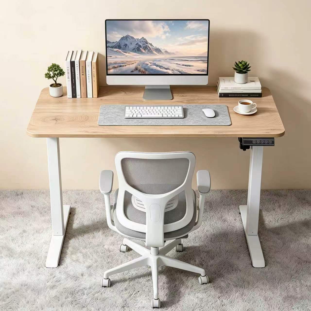 100CM Electric Standing Desk – Basswood Oak Grain Height Adjustable Sit Stand Desk with Hooks, Digital Control Panel & Sturdy Metal Frame for Home Office or Study