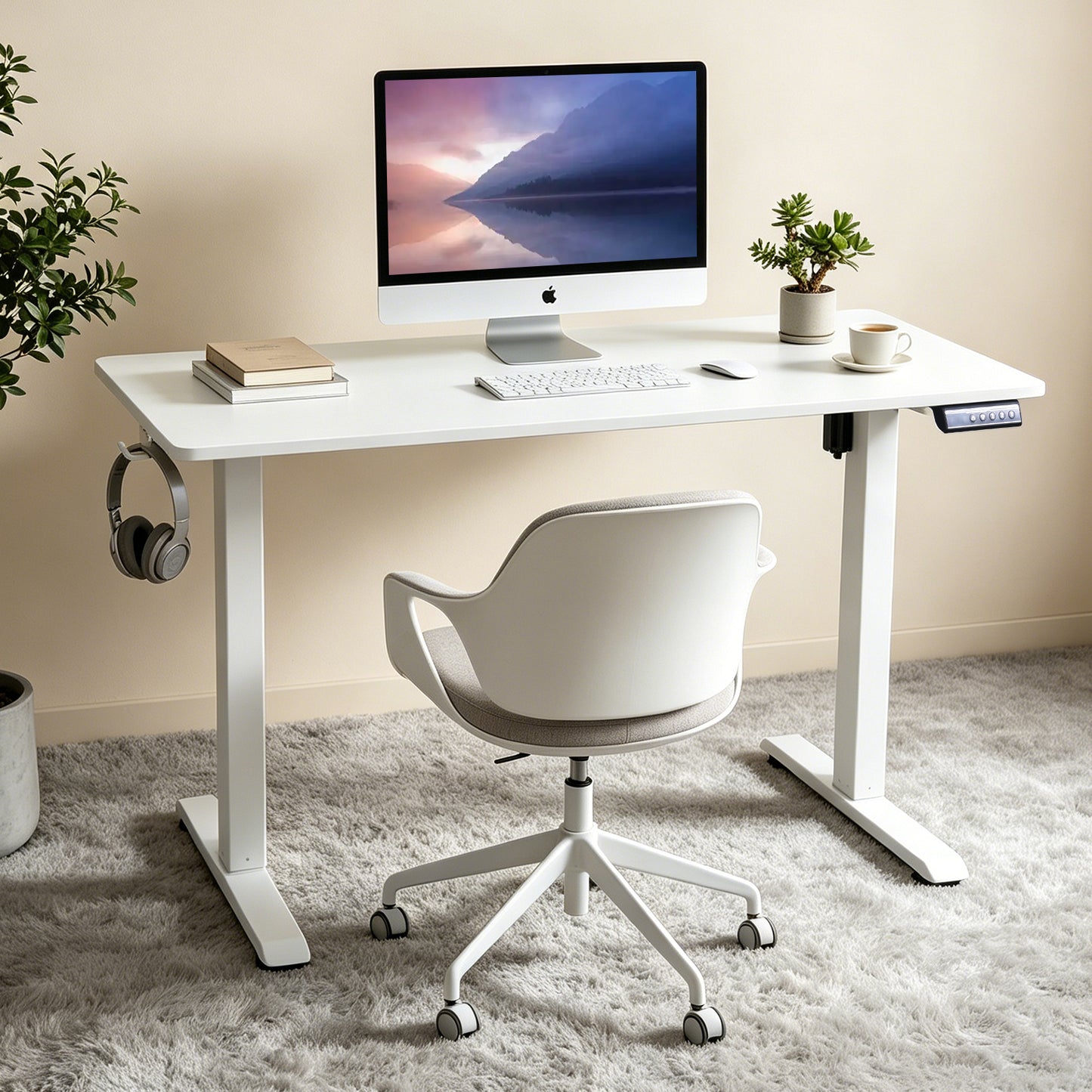 120 × 60 cm Electric Height Adjustable Standing Desk – Sit Stand Computer Table with Digital Control, Hooks & Large Worktop for Home Office, White