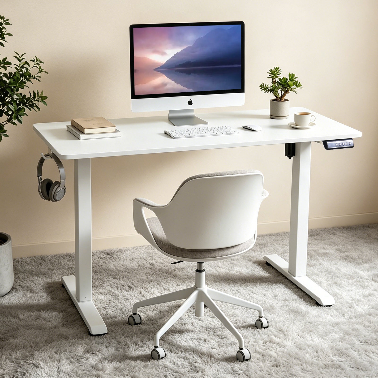 120 × 60 cm Electric Height Adjustable Standing Desk – Sit Stand Computer Table with Digital Control, Hooks & Large Worktop for Home Office, White