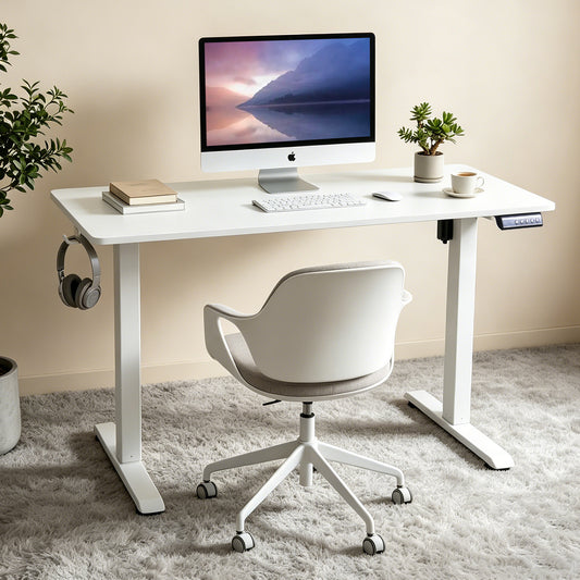 120 × 60 cm Electric Height Adjustable Standing Desk – Sit Stand Computer Table with Digital Control, Hooks & Large Worktop for Home Office, White
