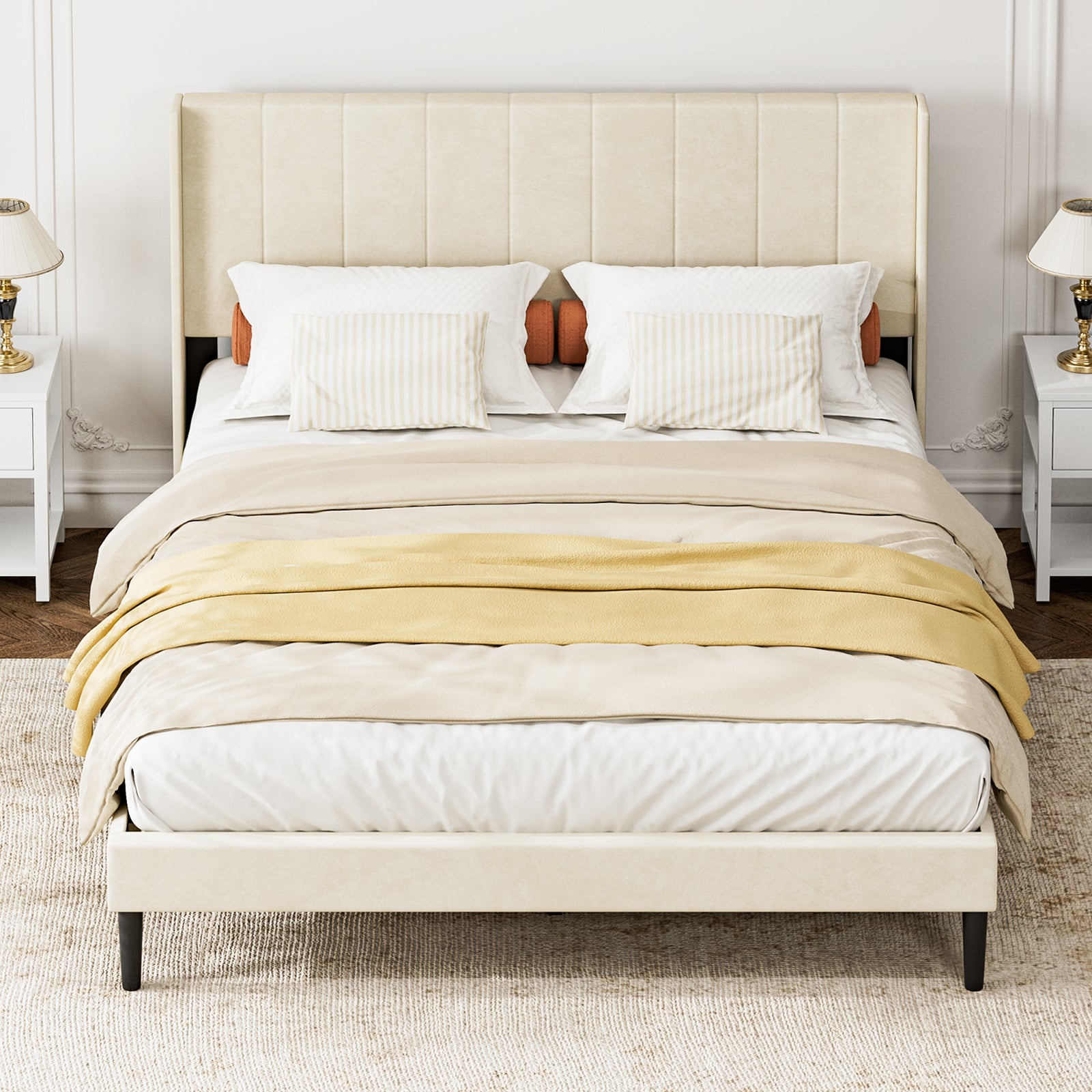 Avoltrix Double Bed Frame – Velvet Upholstered with Soft Padded Headboard, Quiet Sturdy Metal Platform, No Box Spring Required, Beige (200 × 140 cm)