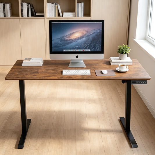 140 × 60 cm Electric Height Adjustable Standing Desk – Sit Stand Computer Table with Digital Control, Hooks & Large Worktop for Home Office, Walnut