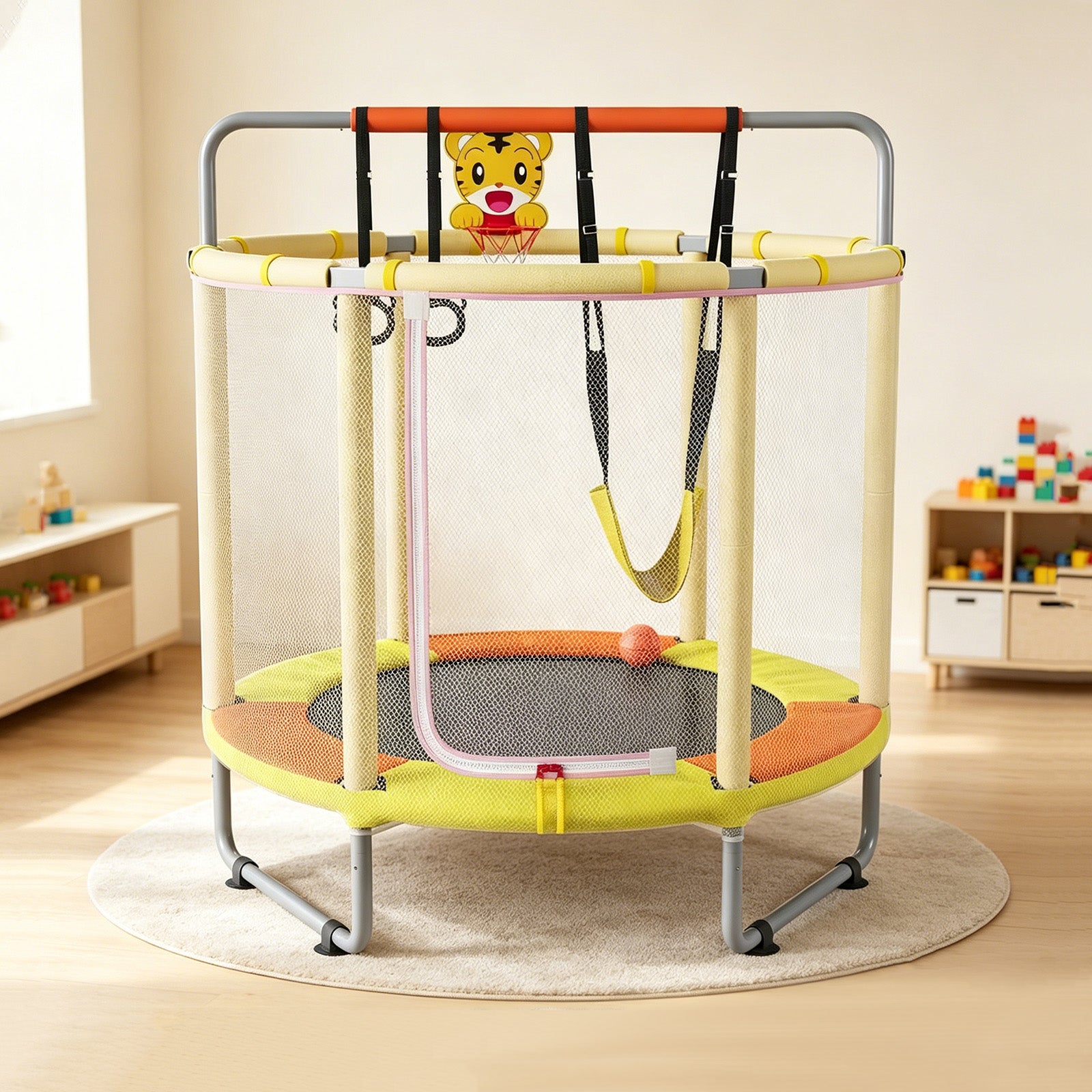 Avoltrix 55 Inch Kids Trampoline with Safety Net, Adjustable Gymnastics Horizontal Bar, 140cm Indoor Outdoor Mini Trampoline for Toddlers & Children, Max Capacity 100kg
