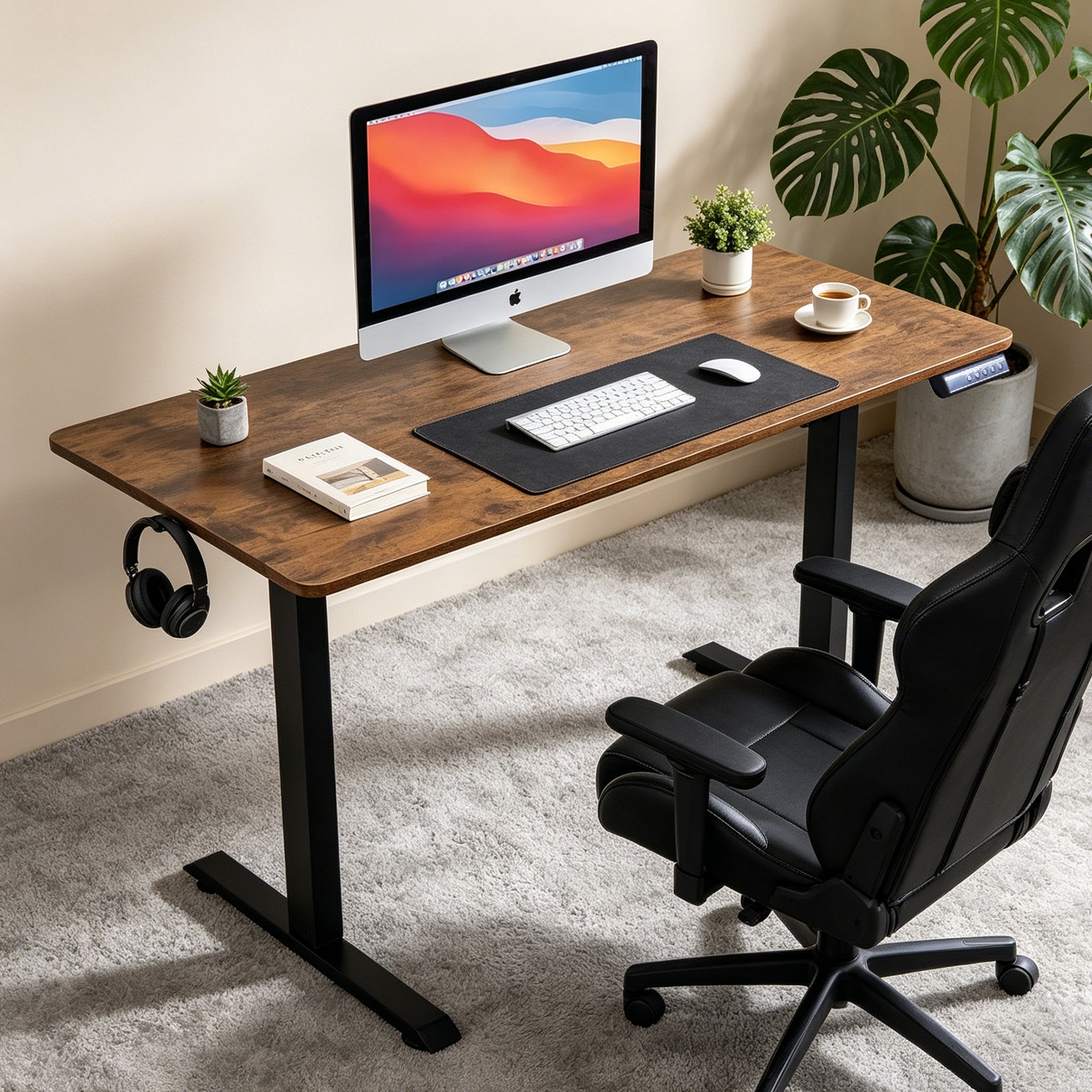 120 × 60 cm Electric Height Adjustable Standing Desk – Sit Stand Computer Table with Digital Control, Hooks & Large Worktop for Home Office, Antique Brown