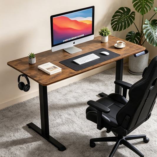 120 × 60 cm Electric Height Adjustable Standing Desk – Sit Stand Computer Table with Digital Control, Hooks & Large Worktop for Home Office, Antique Brown