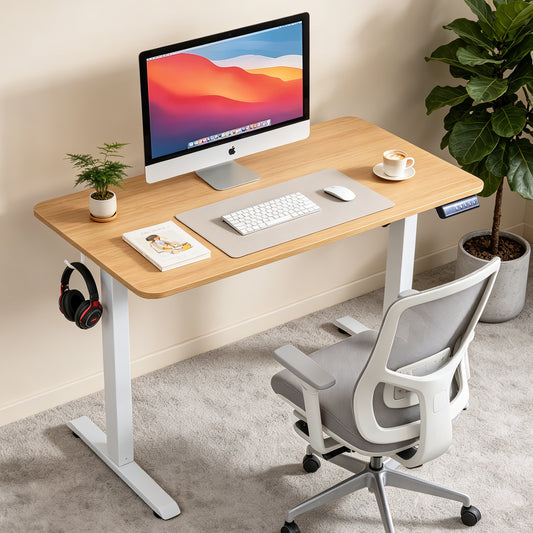120 × 60 cm Electric Height Adjustable Standing Desk – Sit Stand Computer Table with Digital Control, Hooks & Large Worktop for Home Office, Natural Oak