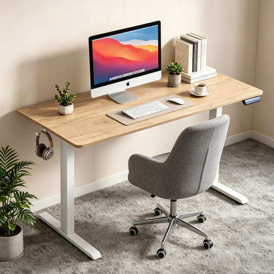 120 × 60 cm Electric Height Adjustable Standing Desk – Sit Stand Computer Table with Digital Control, Hooks & Large Worktop for Home Office, Basswood Oak Grain