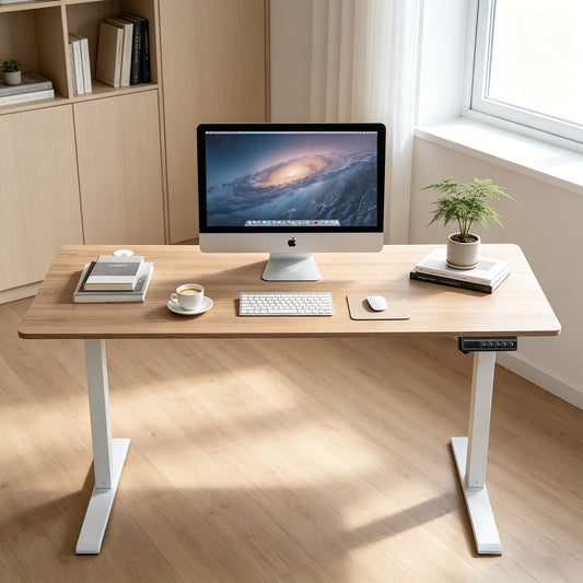 140 × 60 cm Electric Height Adjustable Standing Desk – Sit Stand Computer Table with Digital Control, Hooks & Large Worktop for Home Office, Basswood Oak Grain