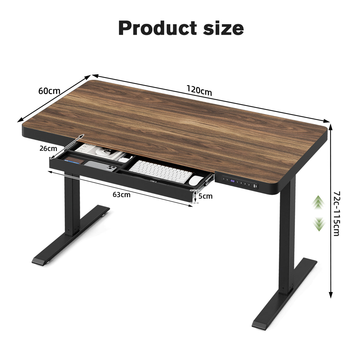 Avoltrix Electric Standing Desk with Drawer, USB Ports & Power Outlets – Height Adjustable, 120×60CM Walnut Finish Table for Home Office