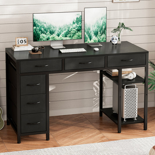 ApexSpace Computer Desk with 6 Drawers Reversible Storage 2-Tier Shelves Home Office Table Study Gaming Work 120CM Black