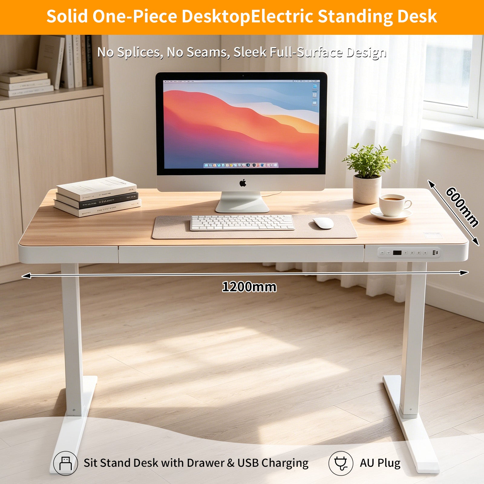 Upgrade Your Workspace with Avoltrix Electric Standing Desk | Adjustable Height, Drawer, USB & Power | 120×60 cm Maple
