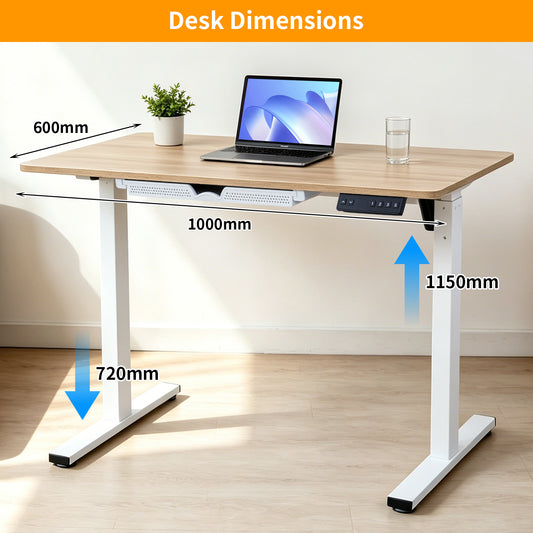 Electric Standing Desk 100x60cm with Drawer, Height Adjustable Sit Stand Desk with Memory Preset, Home Office Computer Desk, White + Maple