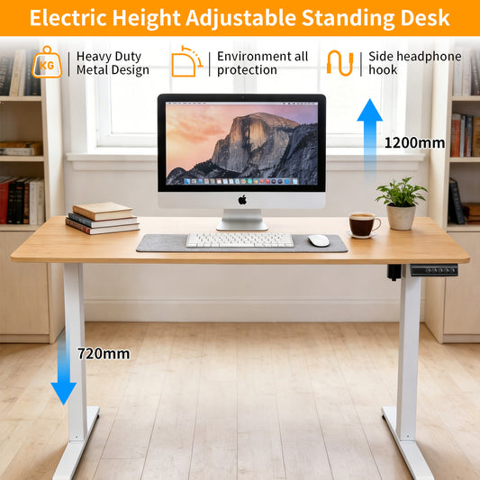 140 × 60 cm Electric Height Adjustable Standing Desk – Sit Stand Computer Table with Digital Control, Hooks & Large Worktop for Home Office, Light Wood