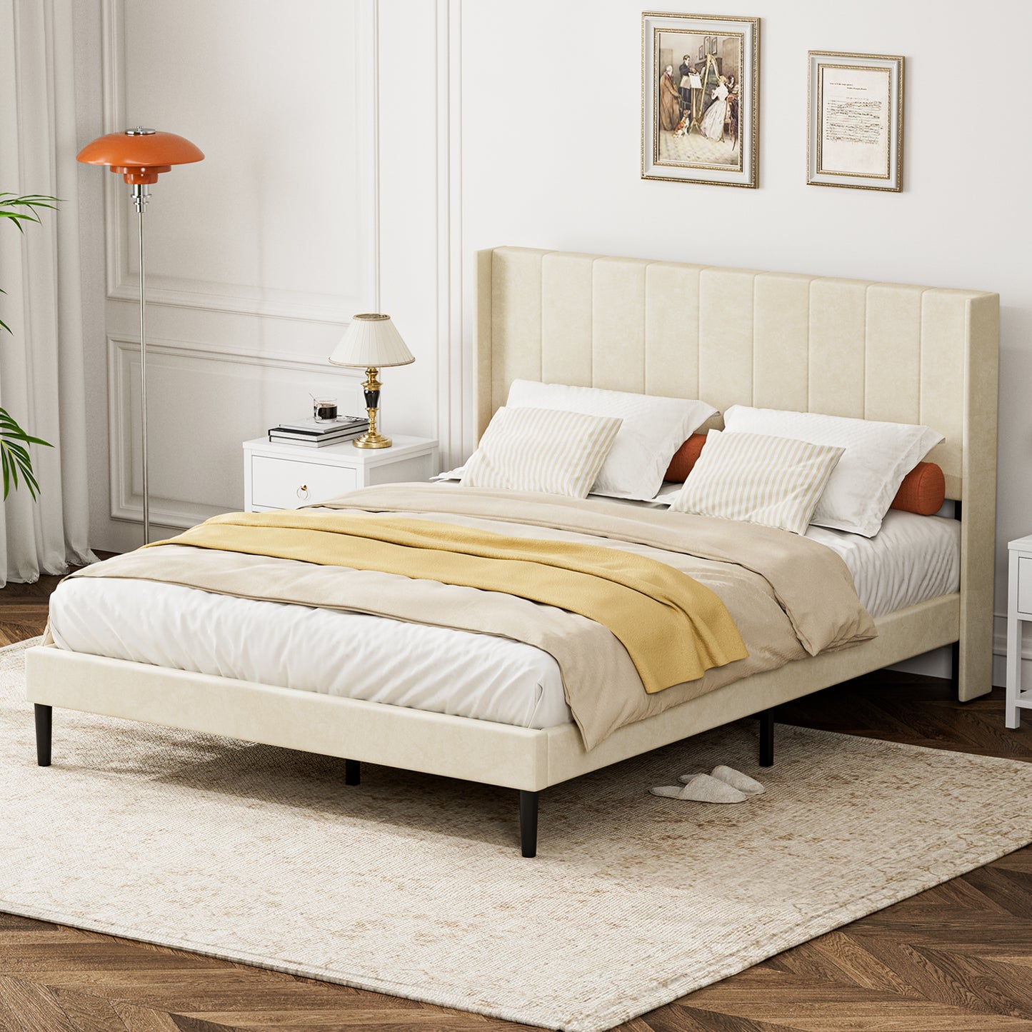 ApexSpace Queen Bed Frame – Velvet Upholstered with Soft Padded Headboard, Quiet Sturdy Metal & Wood Platform, No Box Spring Required, Beige (210×160 cm)