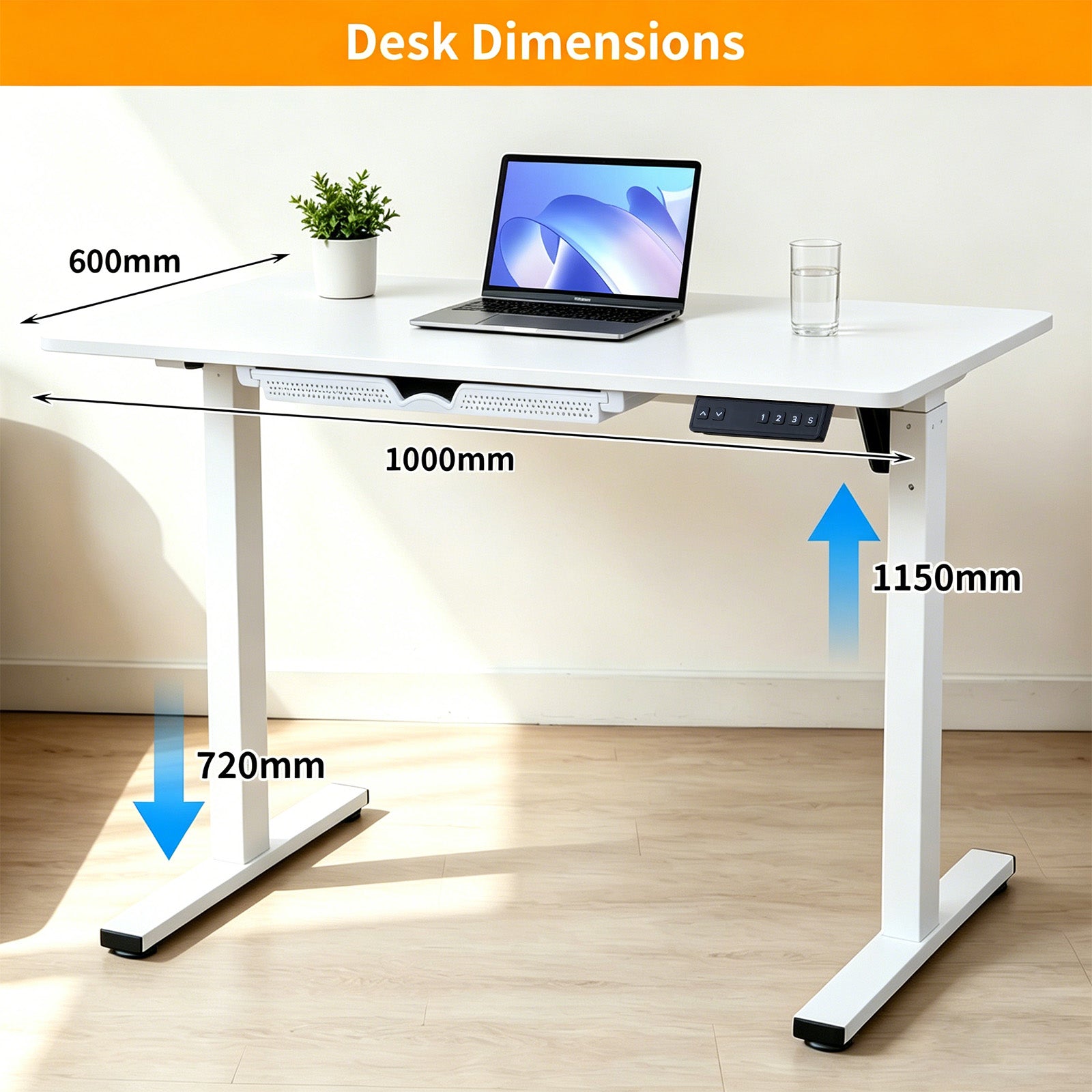 Electric Standing Desk 100x60cm with Drawer, Height Adjustable Sit Stand Desk with Memory Preset, Home Office Computer Desk, White