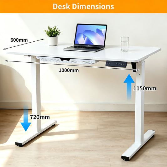 Electric Standing Desk 100x60cm with Drawer, Height Adjustable Sit Stand Desk with Memory Preset, Home Office Computer Desk, White