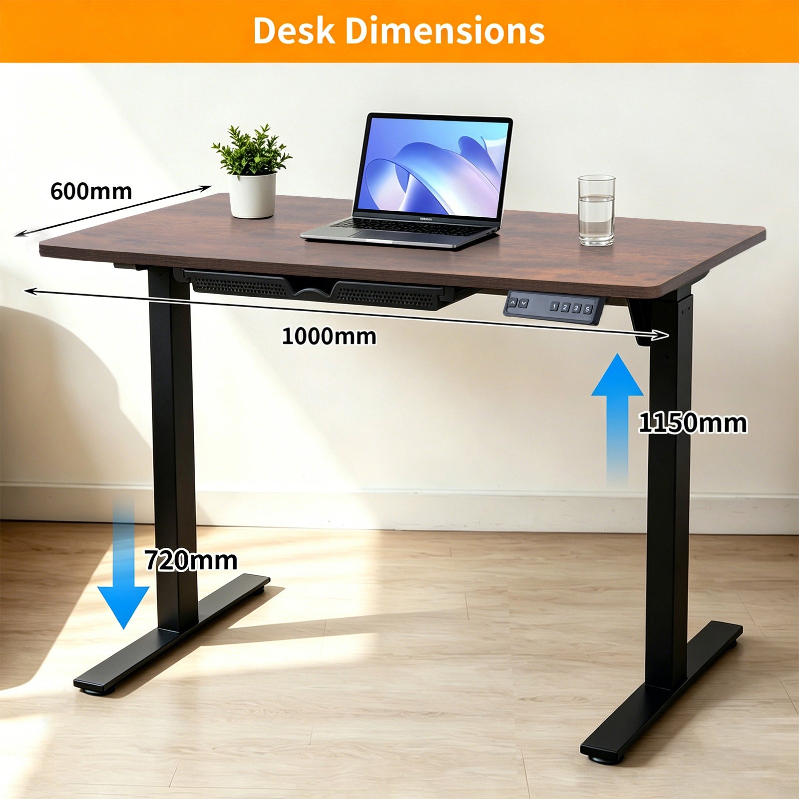 Electric Standing Desk 100x60cm with Drawer, Height Adjustable Sit Stand Desk with Memory Preset, Home Office Computer Desk, Black +Tiger stripe
