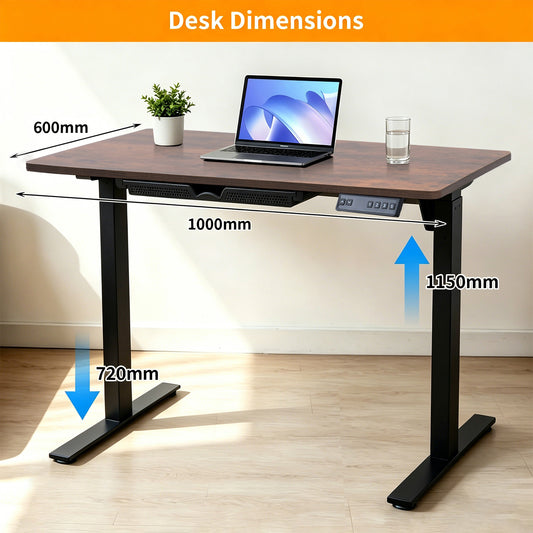 Electric Standing Desk 100x60cm with Drawer, Height Adjustable Sit Stand Desk with Memory Preset, Home Office Computer Desk, Black +Tiger stripe