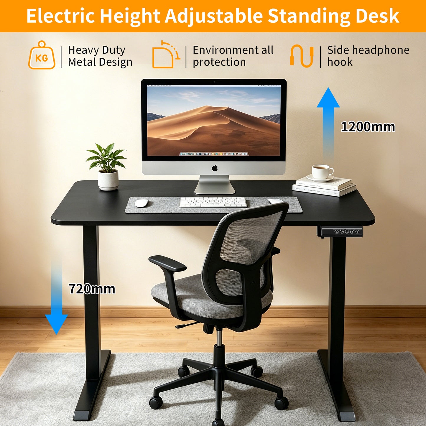 100CM Electric Standing Desk – Black  Height Adjustable Sit Stand Desk with Hooks, Digital Control Panel & Sturdy Metal Frame for Home Office or Study