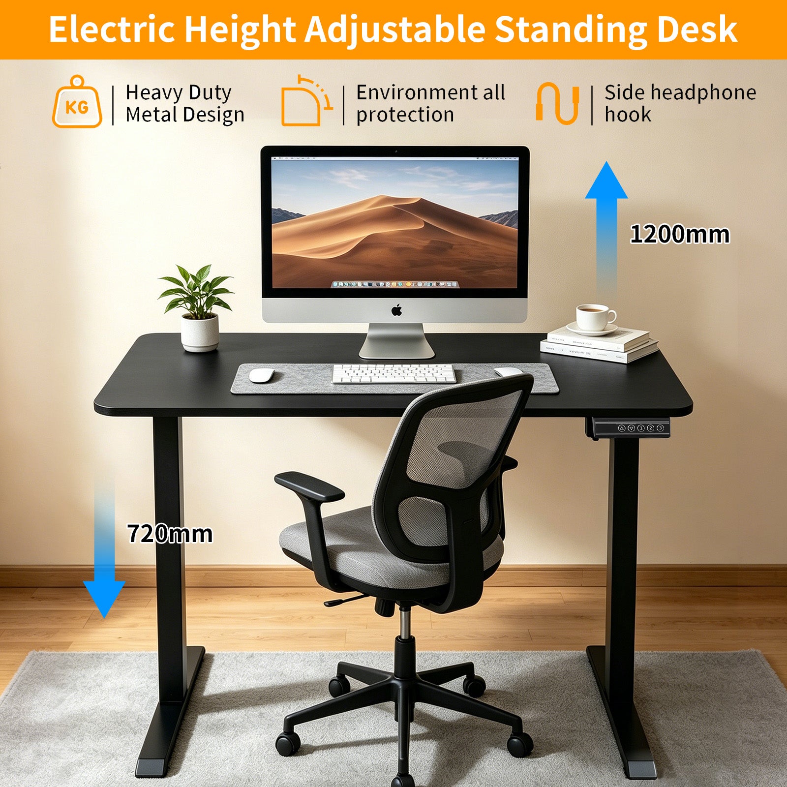 100CM Electric Standing Desk – Black  Height Adjustable Sit Stand Desk with Hooks, Digital Control Panel & Sturdy Metal Frame for Home Office or Study