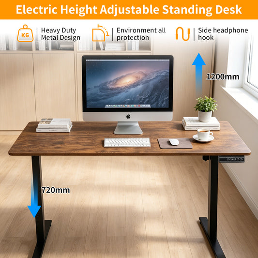 140 × 60 cm Electric Height Adjustable Standing Desk – Sit Stand Computer Table with Digital Control, Hooks & Large Worktop for Home Office, Walnut