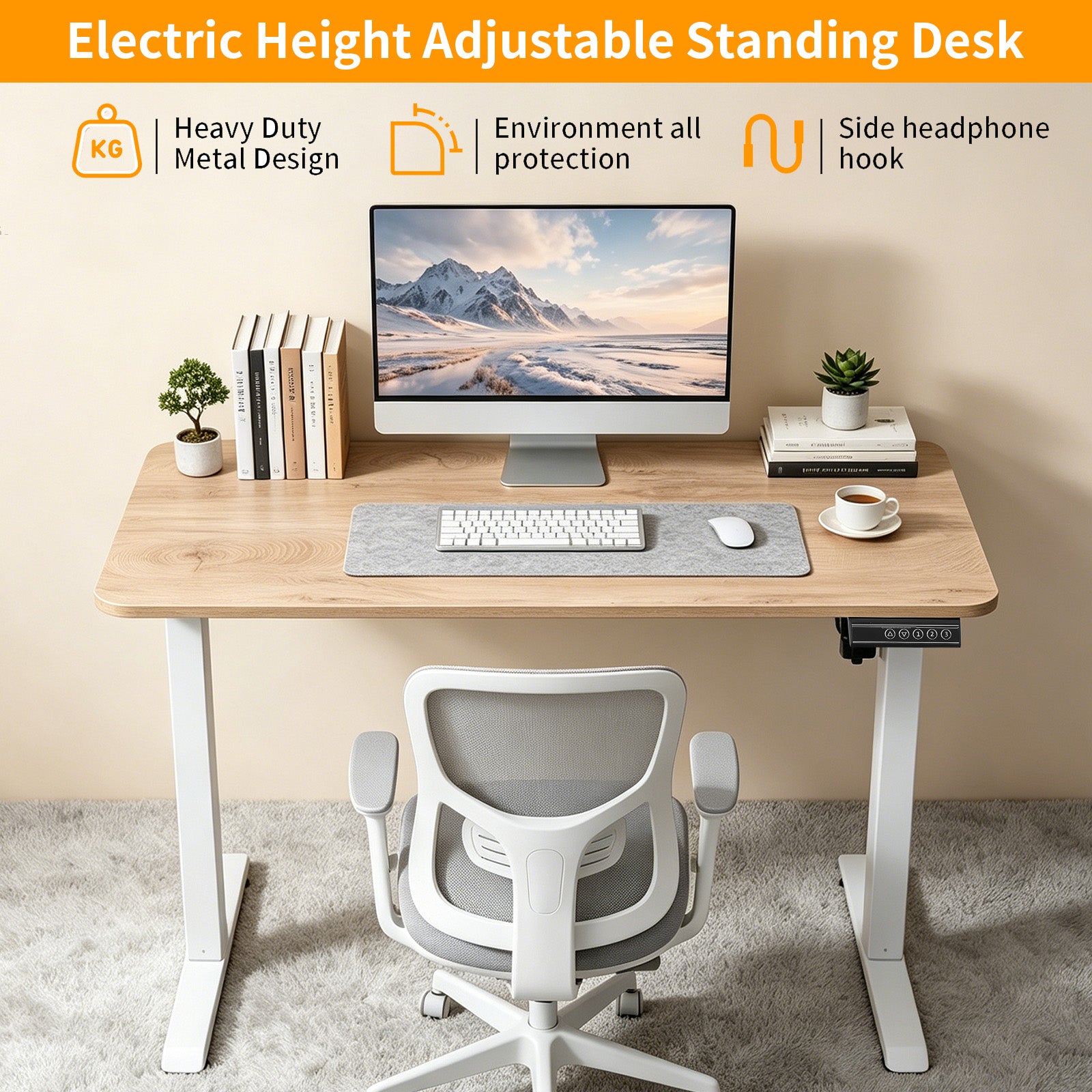 100CM Electric Standing Desk – Basswood Oak Grain Height Adjustable Sit Stand Desk with Hooks, Digital Control Panel & Sturdy Metal Frame for Home Office or Study