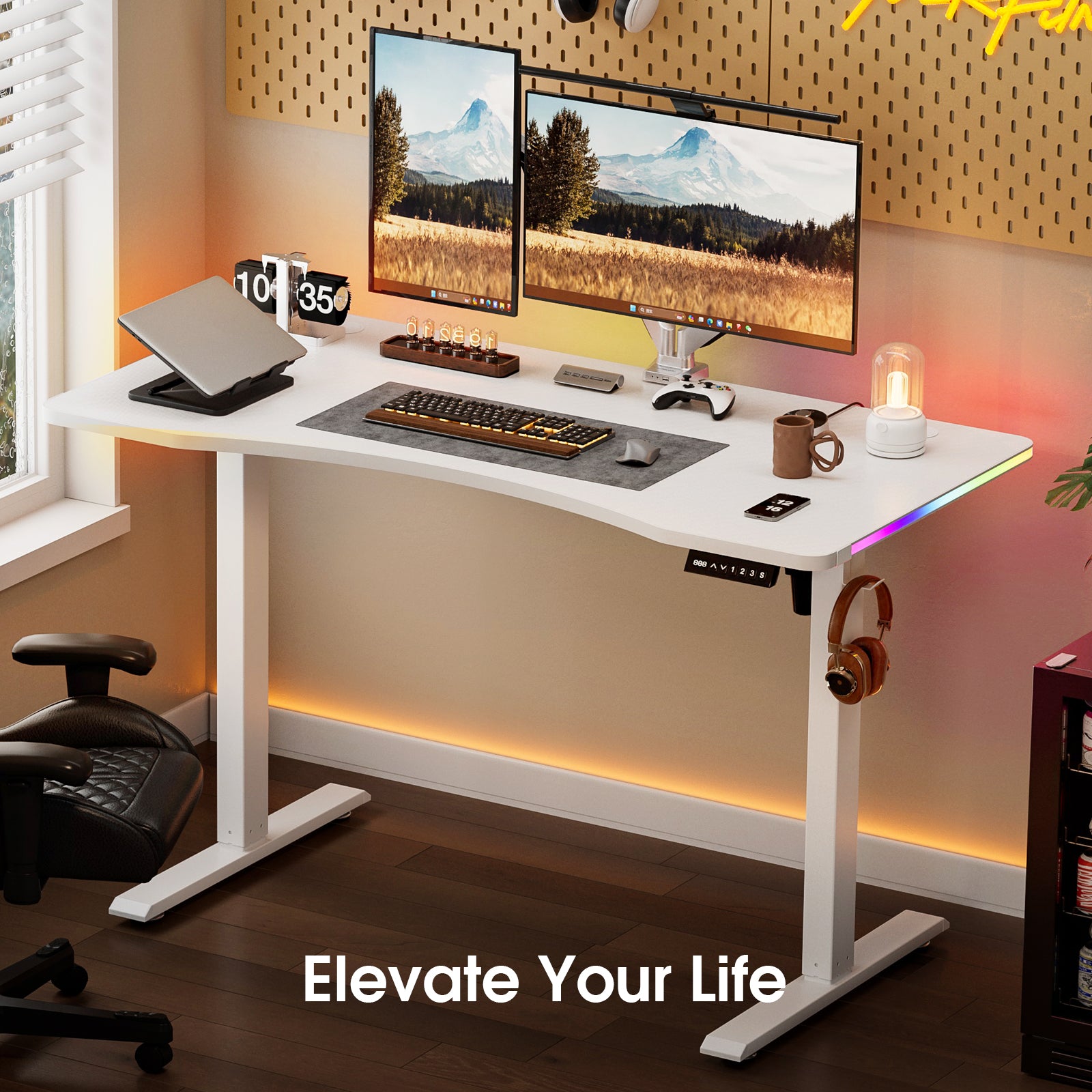 Avoltrix 120CM Electric Standing Desk – Height Adjustable Sit Stand Desk with RGB Lights, Ergonomic Gaming Computer Table for Home Office or Study, White
